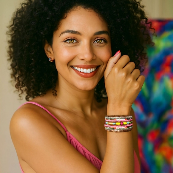 🆕️ Boho Chic Indian Artisanal 🌷Neon-Pastel Beaded Handcrafted Stacked Bracelet - Picture 3 of 14